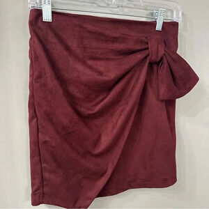 Storia Mini Skirt Suede Faux Wrap Bow Mini Skirt Burgundy Size Small